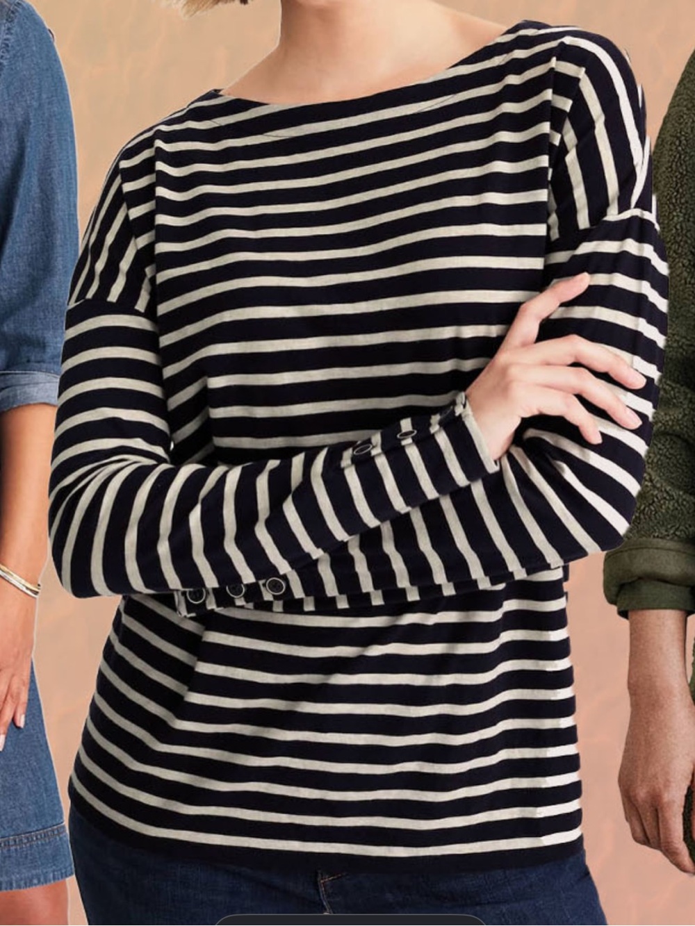 J JILL Striped Buttoned-Cuff Tee Sz L